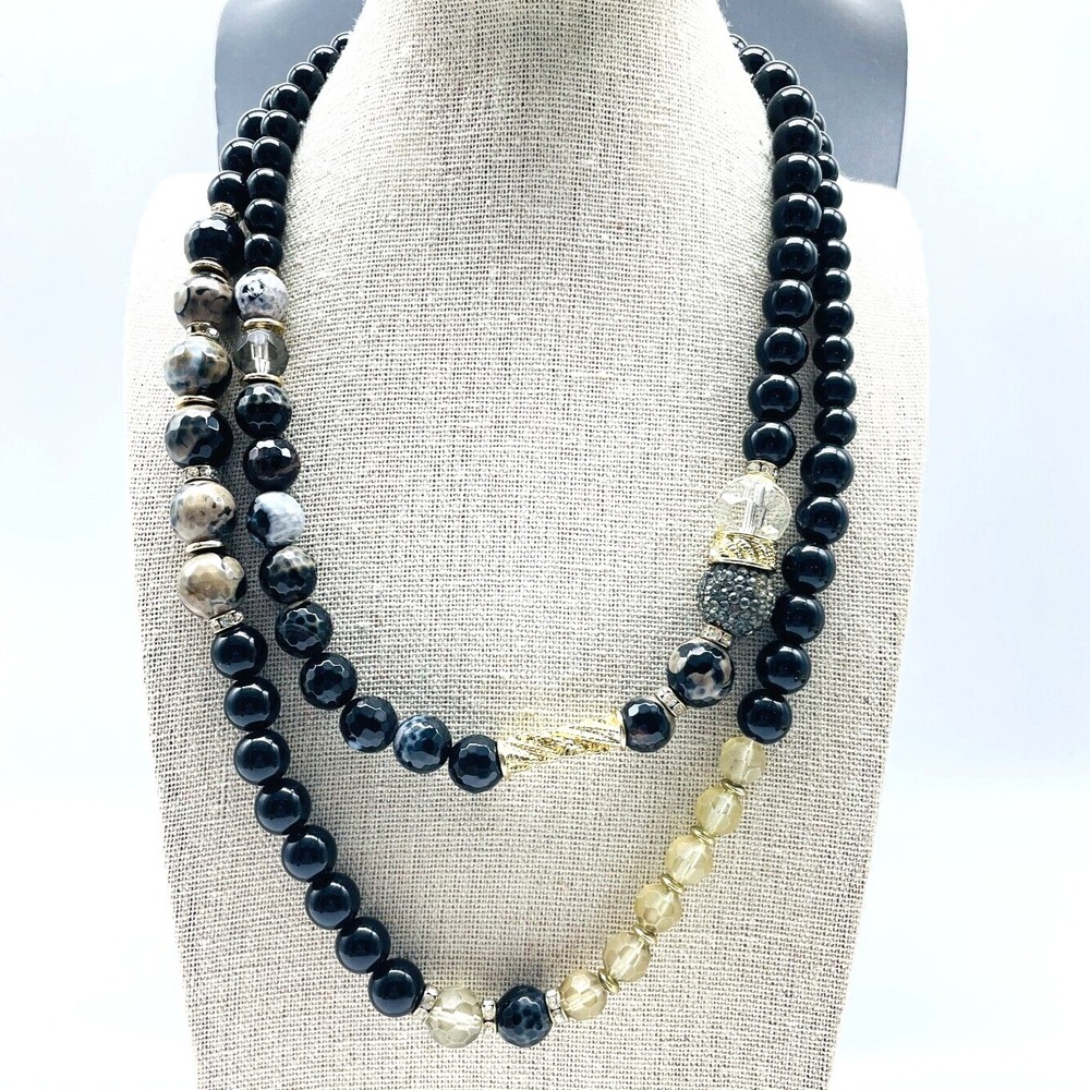 Sequin Signed Beaded Necklace Black White Silver Tone Accent Statement Jewelry
